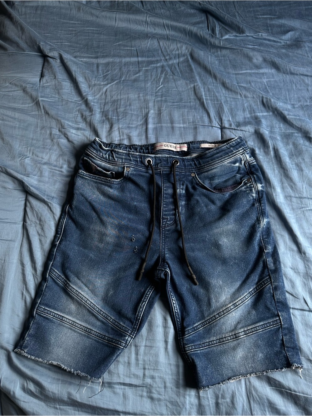 Guess Men's Navy Drawstring Biker Denim Shorts